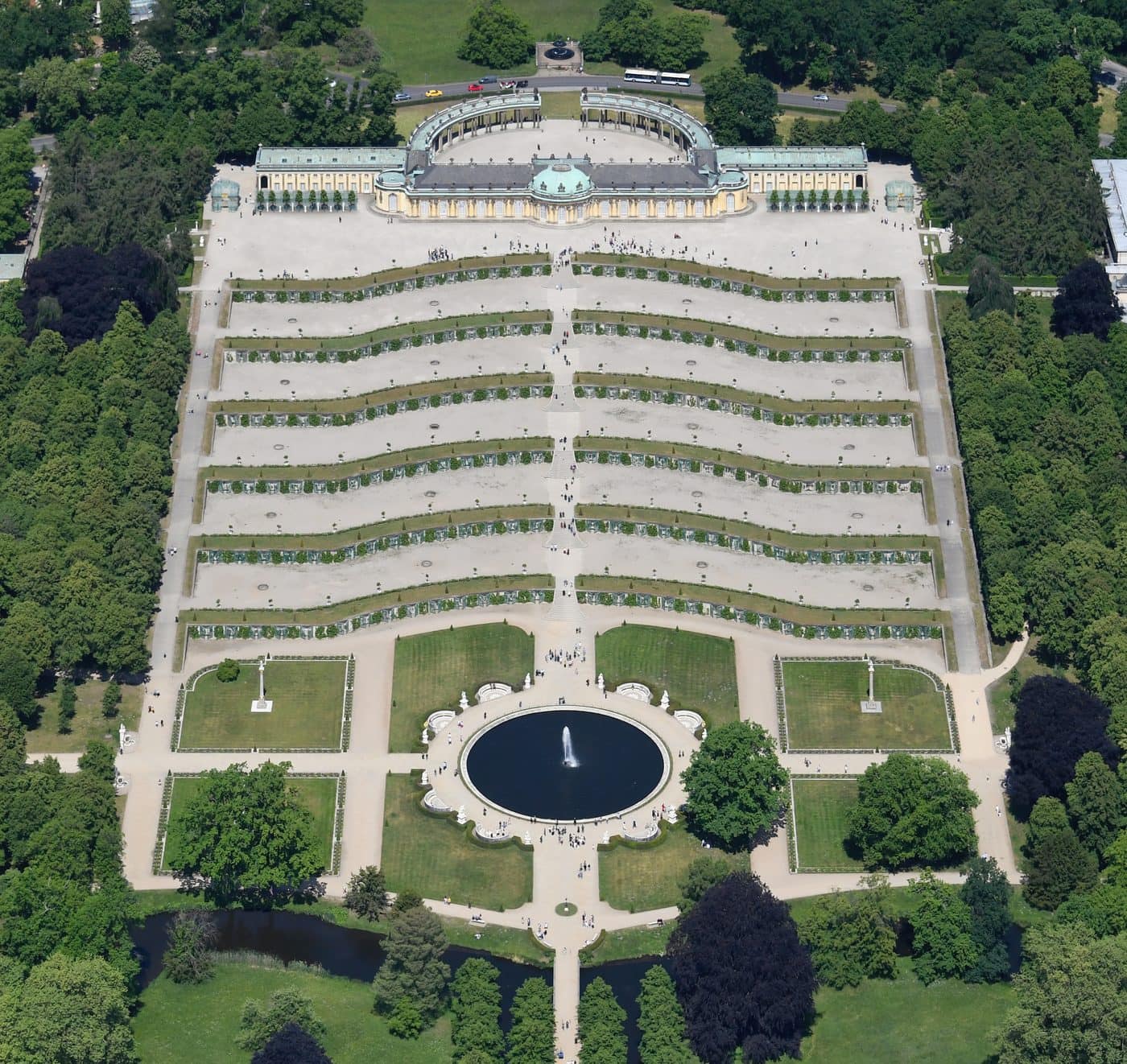 Sanssouci Palace 6 Aerial view of Sanssouci Palace, its six curved vineyard terraces and the great fountain in Potsdam
