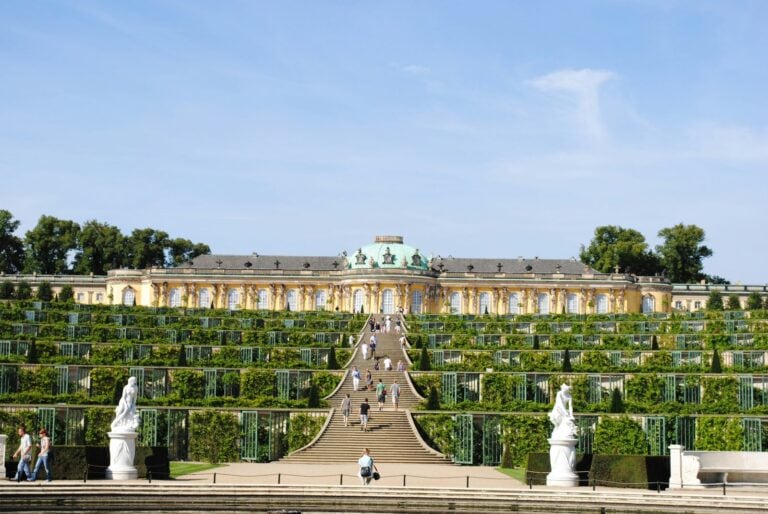 Sanssouci Palace above its six vineyard terraces in Potsdam, with the central staircase and garden statues