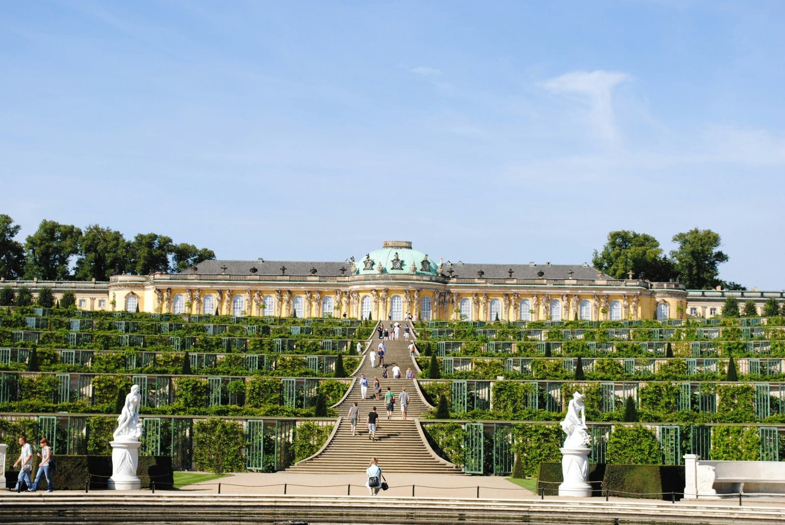 Sanssouci Palace 1 Sanssouci Palace above its six vineyard terraces in Potsdam, with the central staircase and garden statues