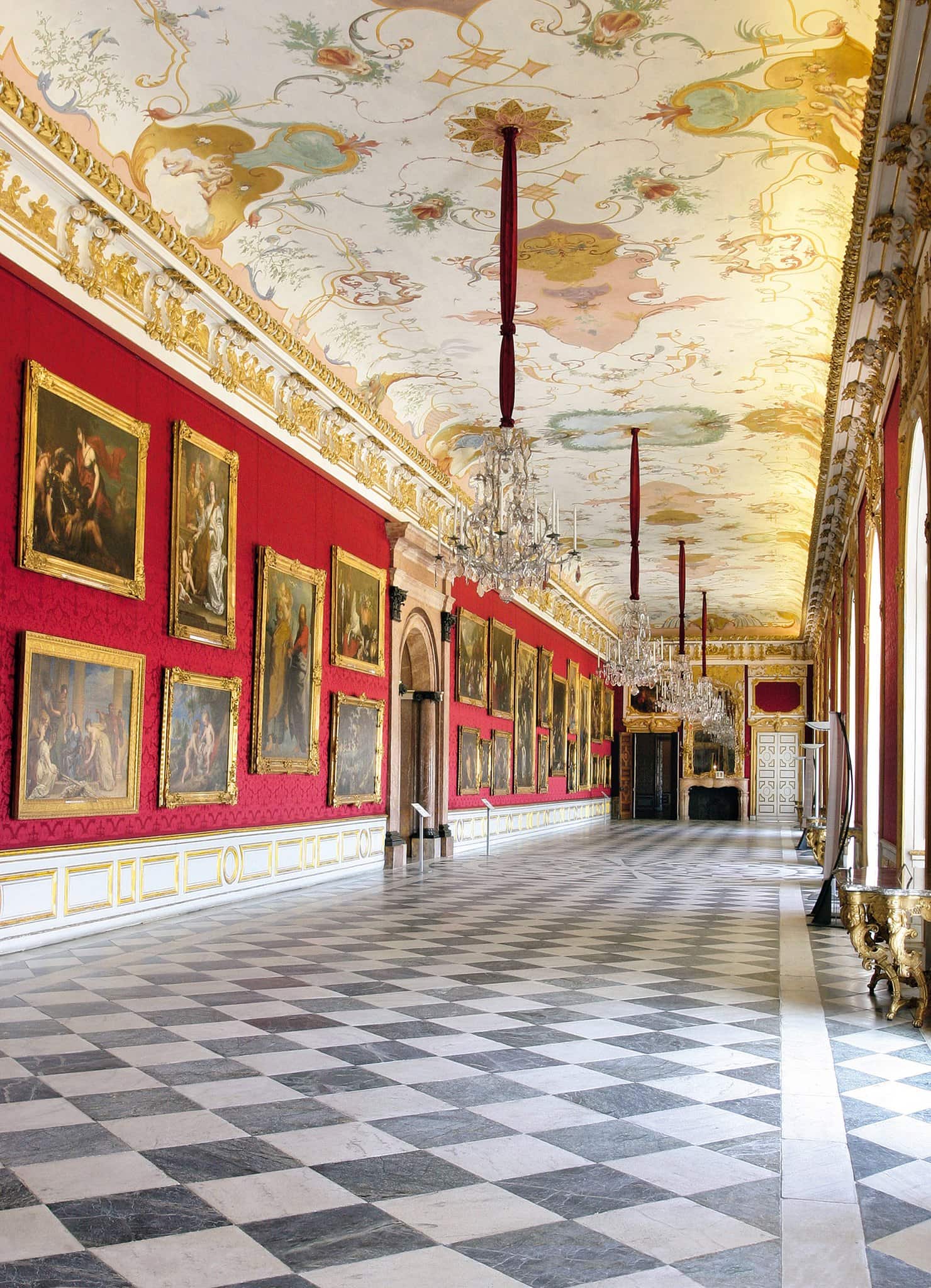 Schleissheim Palace 7 The Great Gallery of Schleissheim New Palace hung with Baroque paintings on red damask