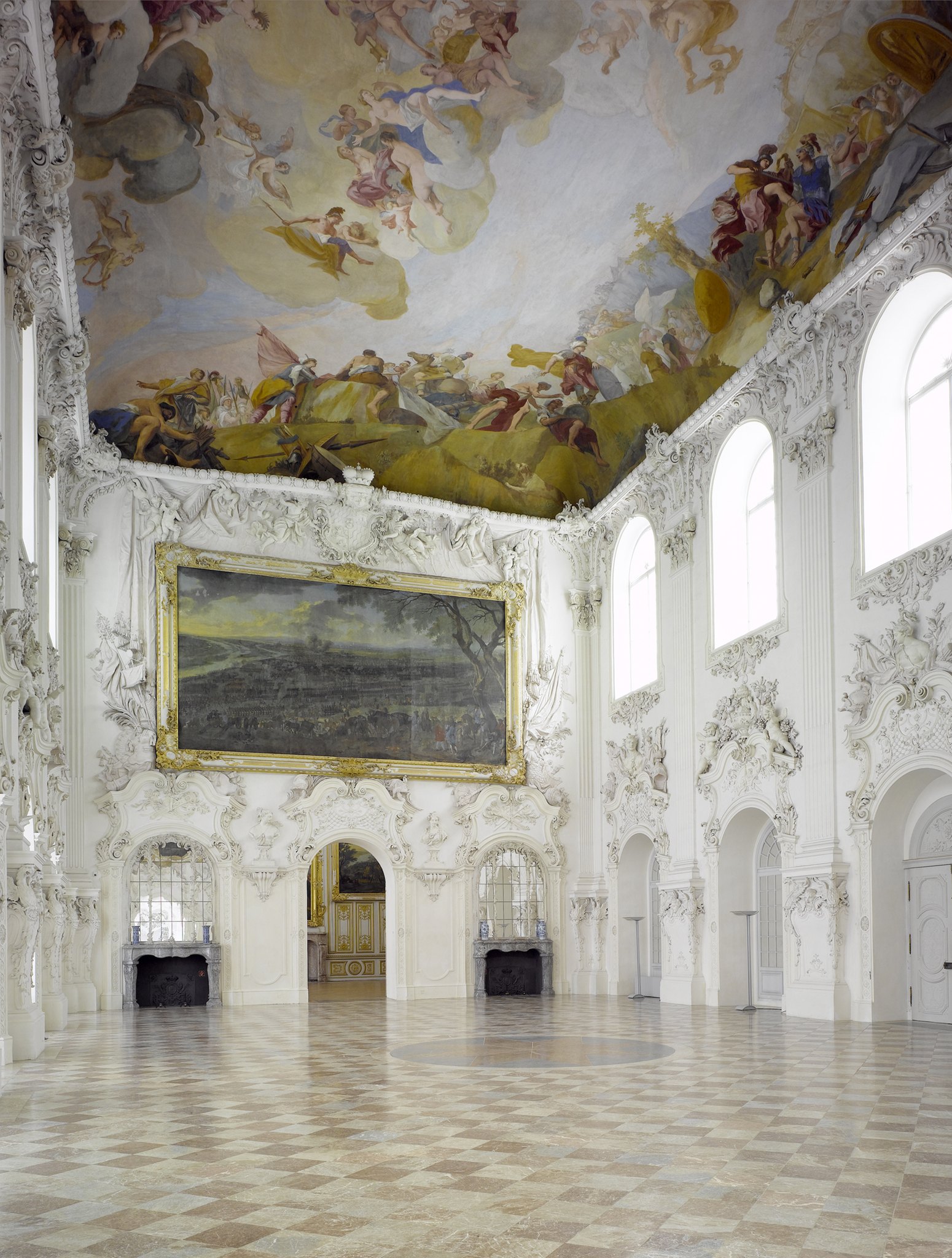 Schleissheim Palace 6 The white-stucco Large Hall of Schleissheim New Palace beneath its vast Baroque ceiling fresco