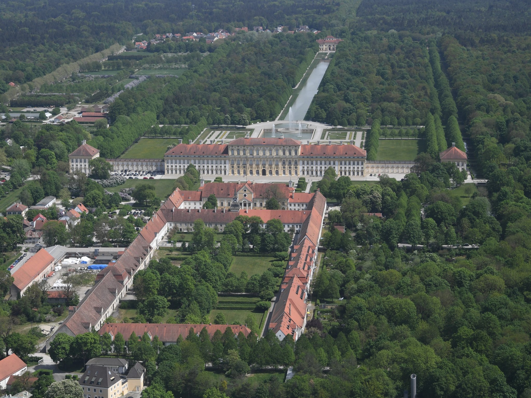 Schleissheim Palace 4 Aerial view of the Schleissheim palace complex with the long canal axis reaching toward Lustheim