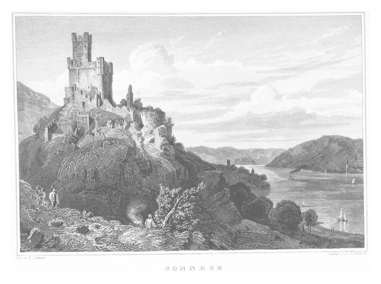Sooneck Castle 5 An 1852 steel engraving by Johann Poppel titled SONNECK depicting Sooneck Castle during the Hohenzollern restoration, with figures in the foreground and the Rhine valley in the distance.