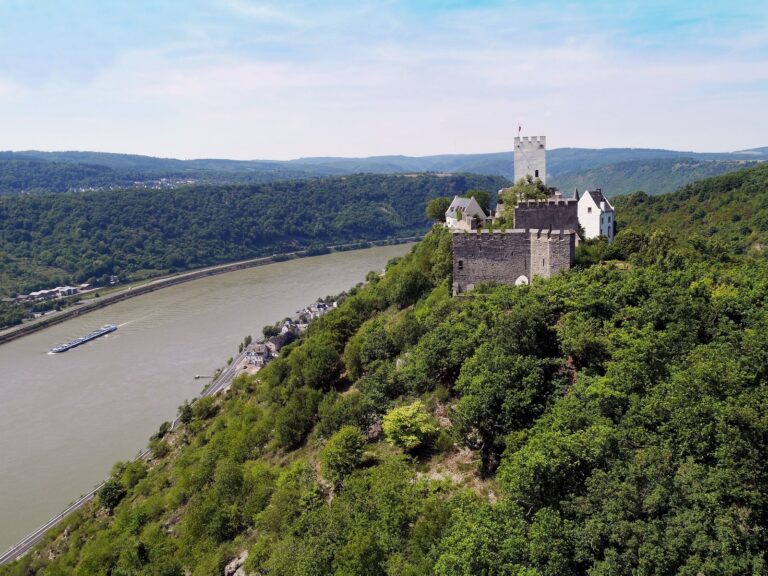 Home 2 View of Sterrenberg Castle from the Rhine, showing the ridge above Kamp-Bornhofen