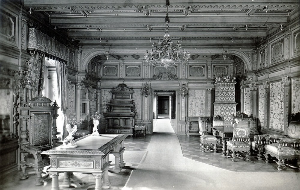 Trausnitz Castle 8 Second 1928 view of Ludwig II's apartments showing painted ceiling and tiled stove