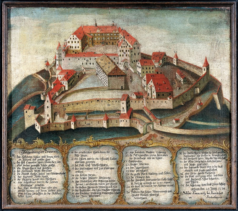 Trausnitz Castle 6 Painted 1770 view of Burg Trausnitz with numbered key to 38 buildings