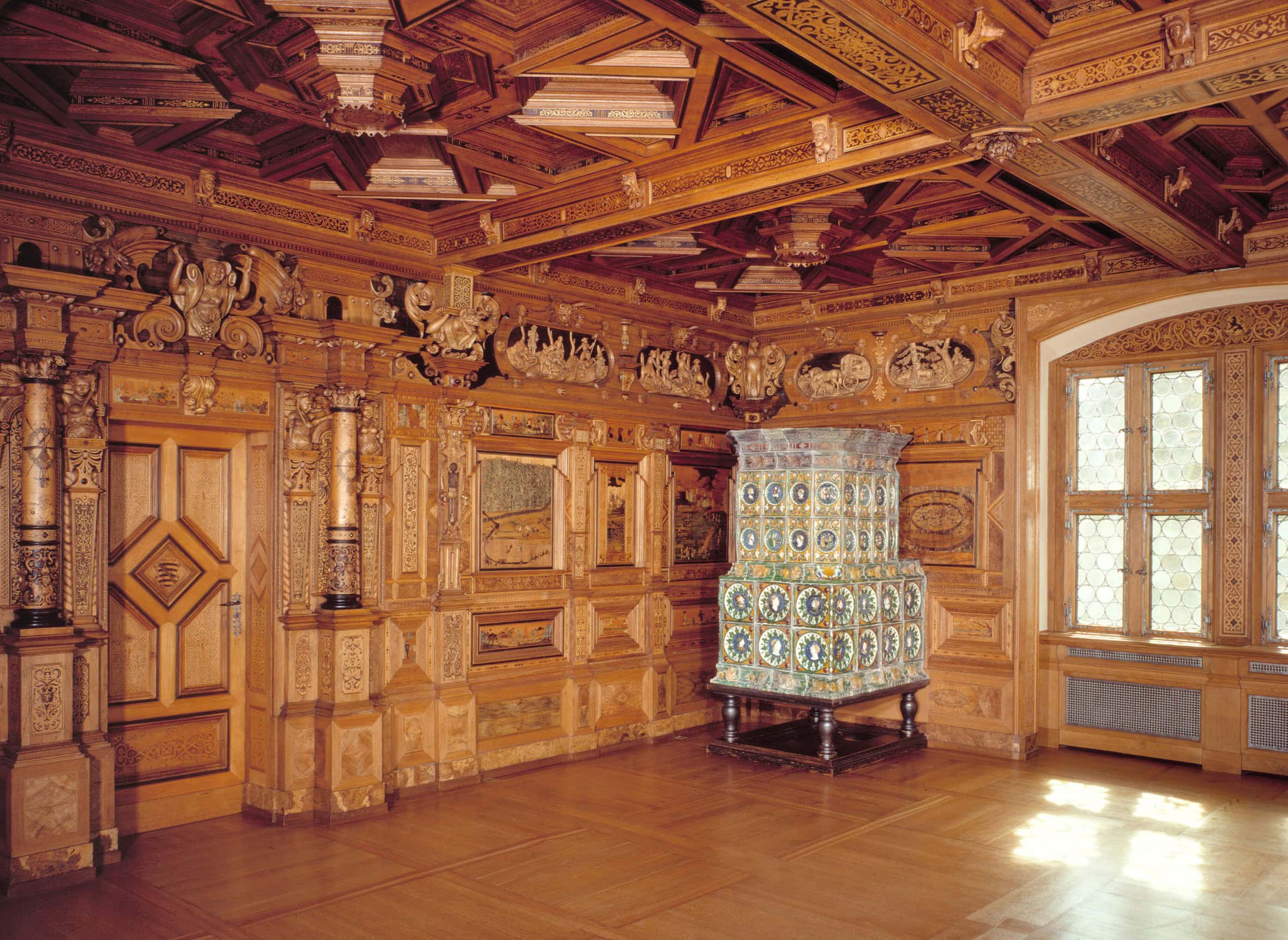 Coburg Fortress 4 Interior of the Jagdintarsienzimmer at Veste Coburg, the 1632 Hunting Marquetry Room with sixty marquetry panels installed during the Thirty Years' War