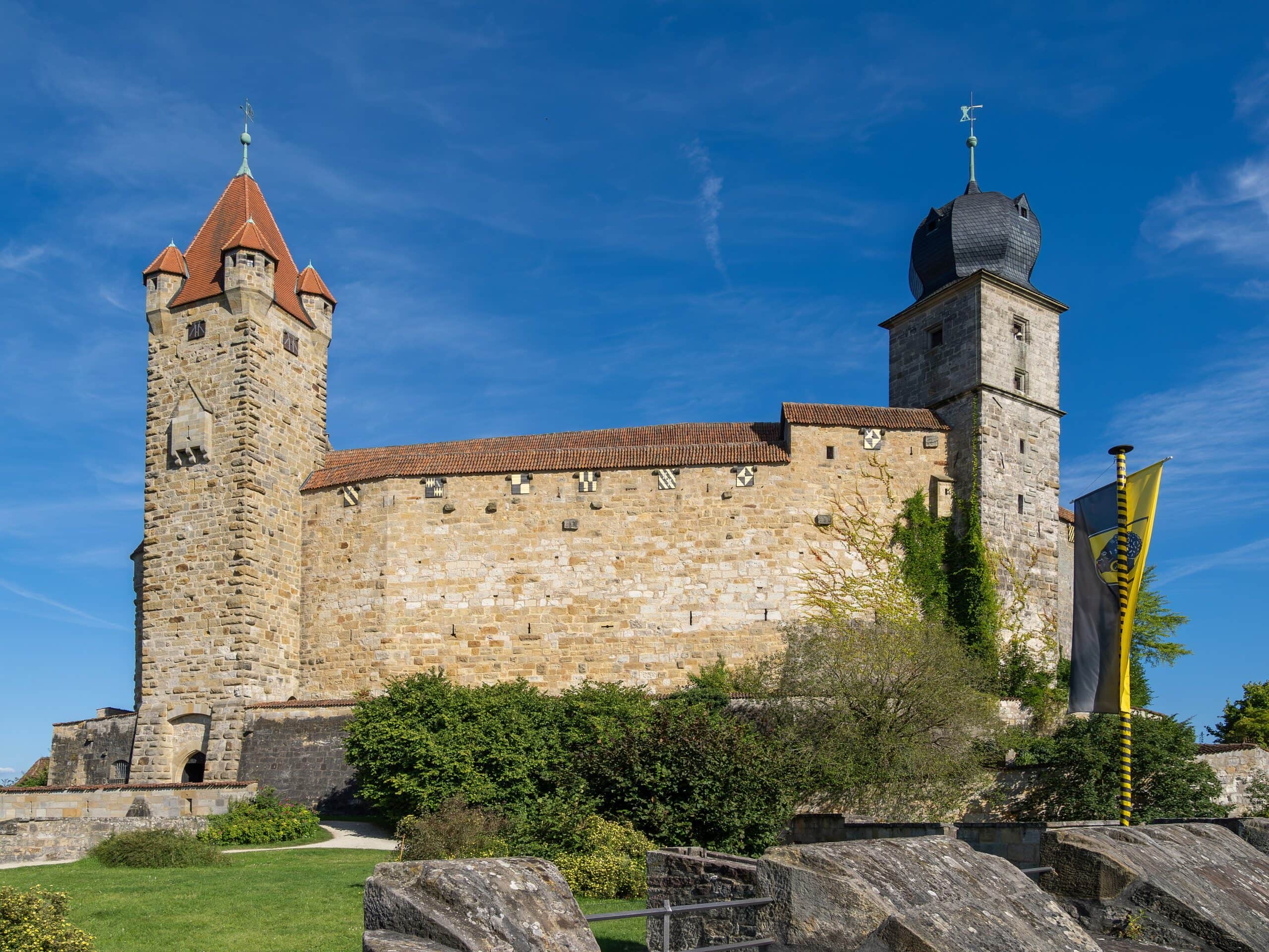 Coburg Fortress 2 West side of Veste Coburg showing the double curtain walls and the medieval Blue Tower, oldest surviving fabric of the fortress