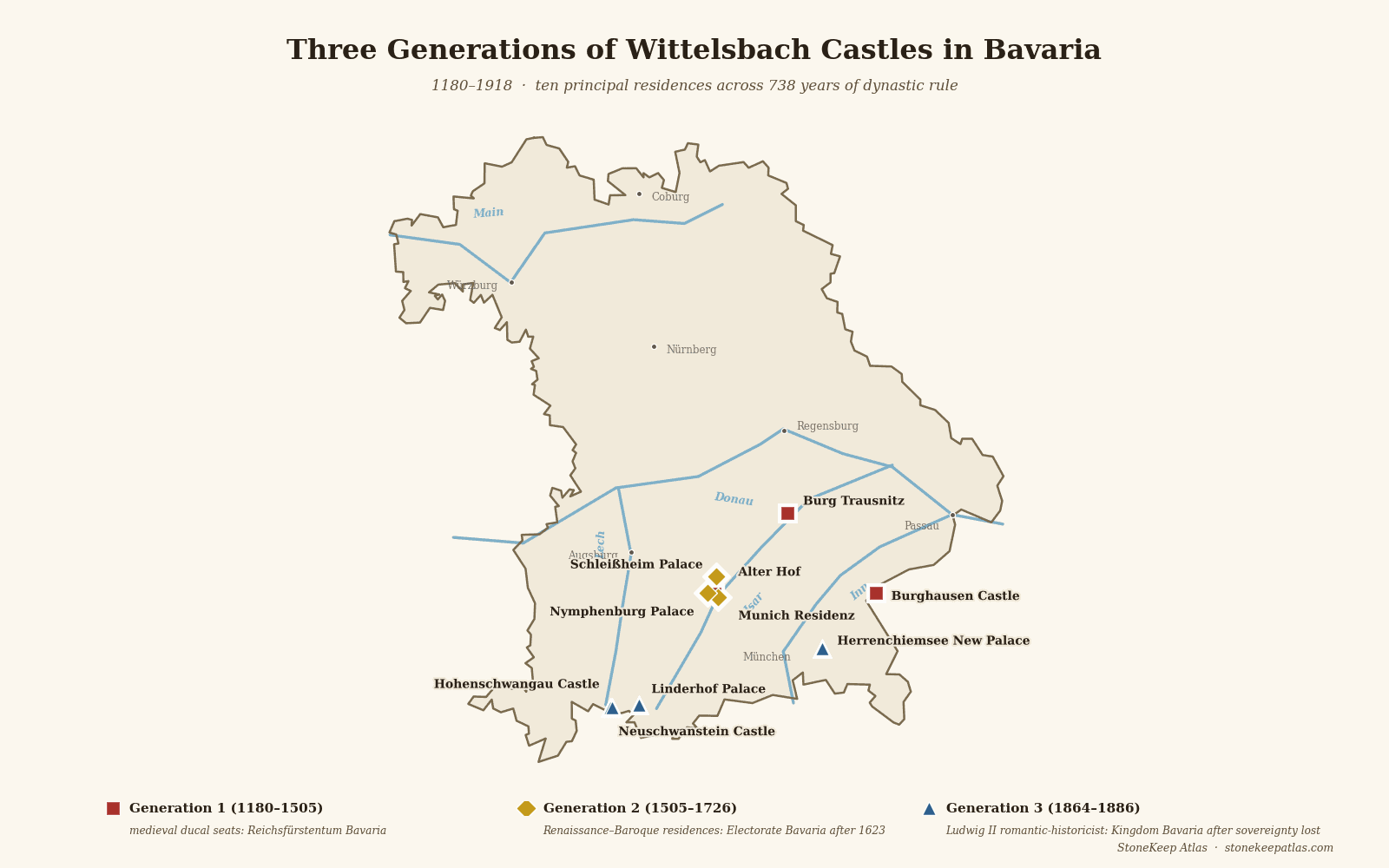 Wittelsbach Castles of Bavaria: 738 Years of Dynastic Architecture, 1180–1918 2 Map of Bavaria showing ten Wittelsbach palaces across three generations, 1180 to 1918, color-coded by period: medieval ducal seats, Renaissance-Baroque Electoral residences, and Ludwig II romantic-historicist castles.