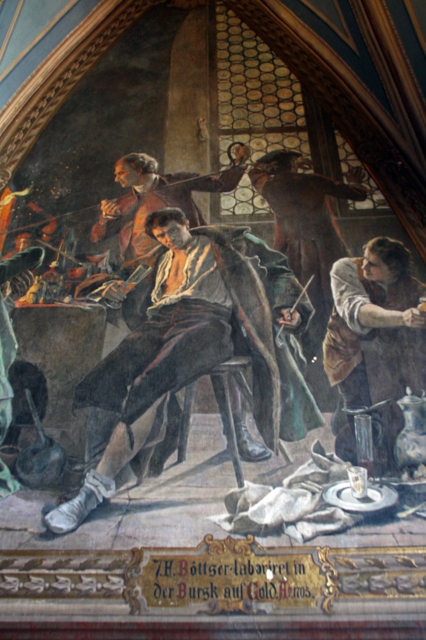 Albrechtsburg Castle 7 Nineteenth-century mural of Johann Friedrich Boettger experimenting in the castle in 1705