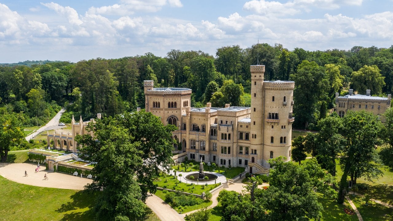 Babelsberg Palace 3 Aerial view of Babelsberg Palace showing its asymmetrical plan and two towers.