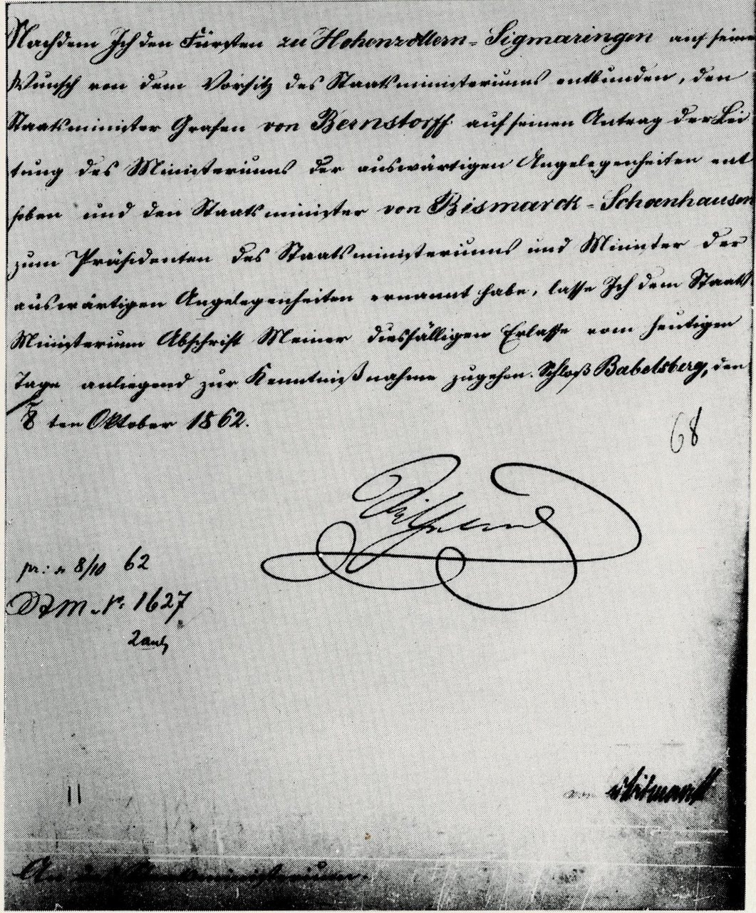 Babelsberg Palace 5 The decree signed by Wilhelm I at Babelsberg on 8 October 1862 appointing Bismarck.