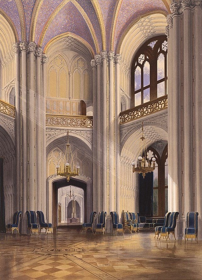 Babelsberg Palace 4 The Tanzsaal of Babelsberg Palace with its star-painted Gothic vault, in an 1853 watercolor.