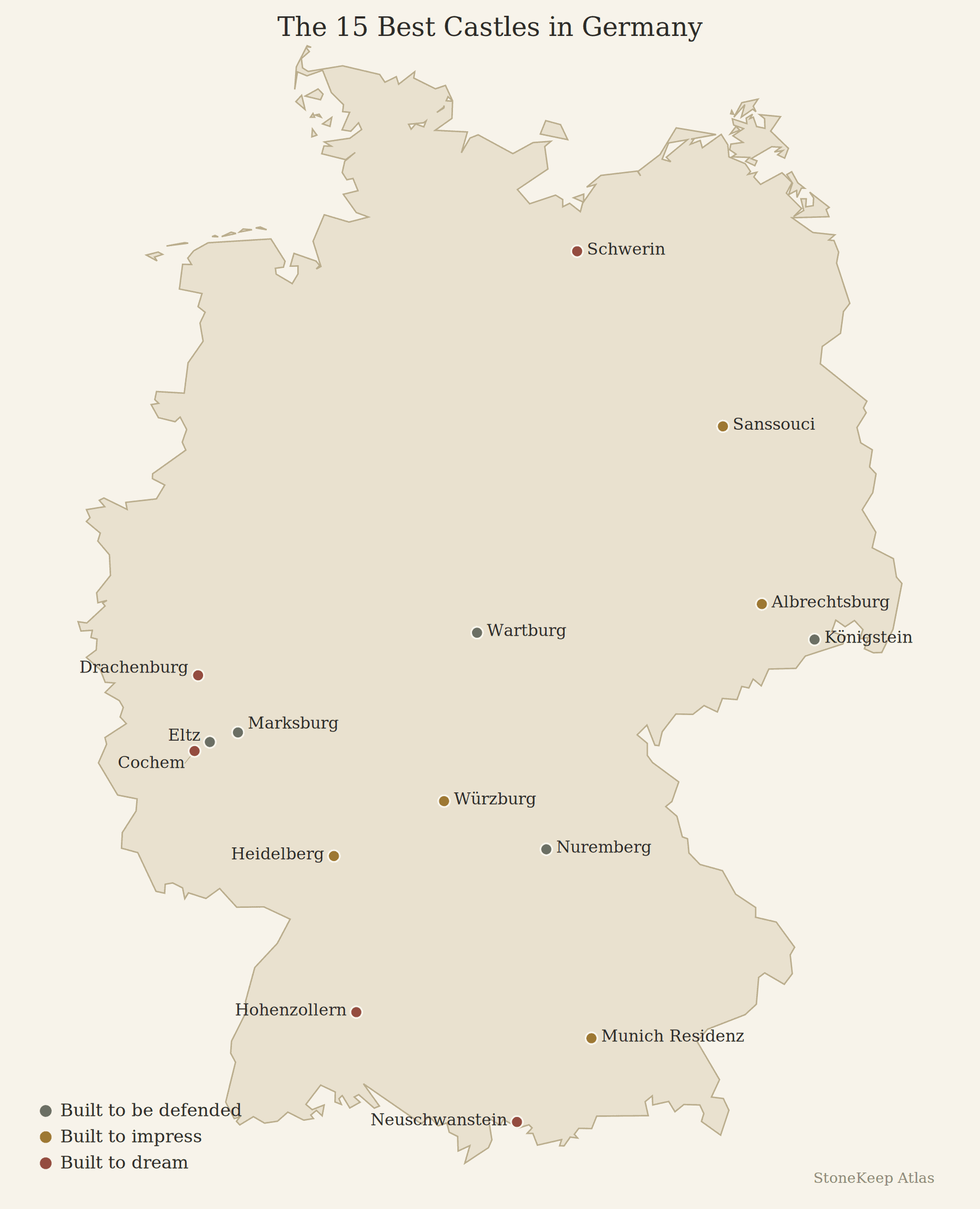 National locator map: StoneKeep Atlas (own work) Map of Germany showing the locations of the 15 best castles, color-coded by group