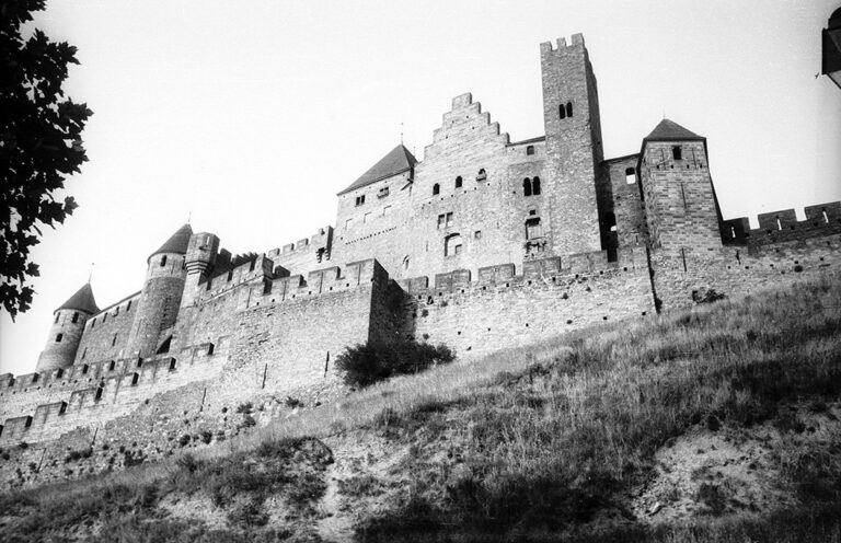 The full sweep of the walled Cité de Carcassonne seen across the fields