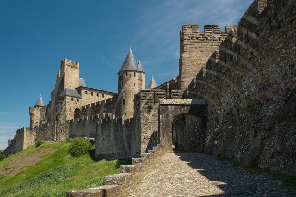 The fortified climb to the Porte d'Aude on the river side of Carcassonne