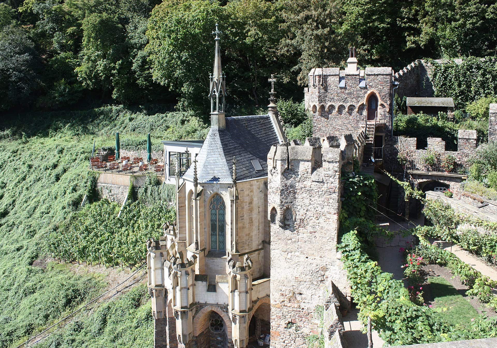 The Gothic Revival chapel at Burg Rheinstein, a castle hotel on the Rhine