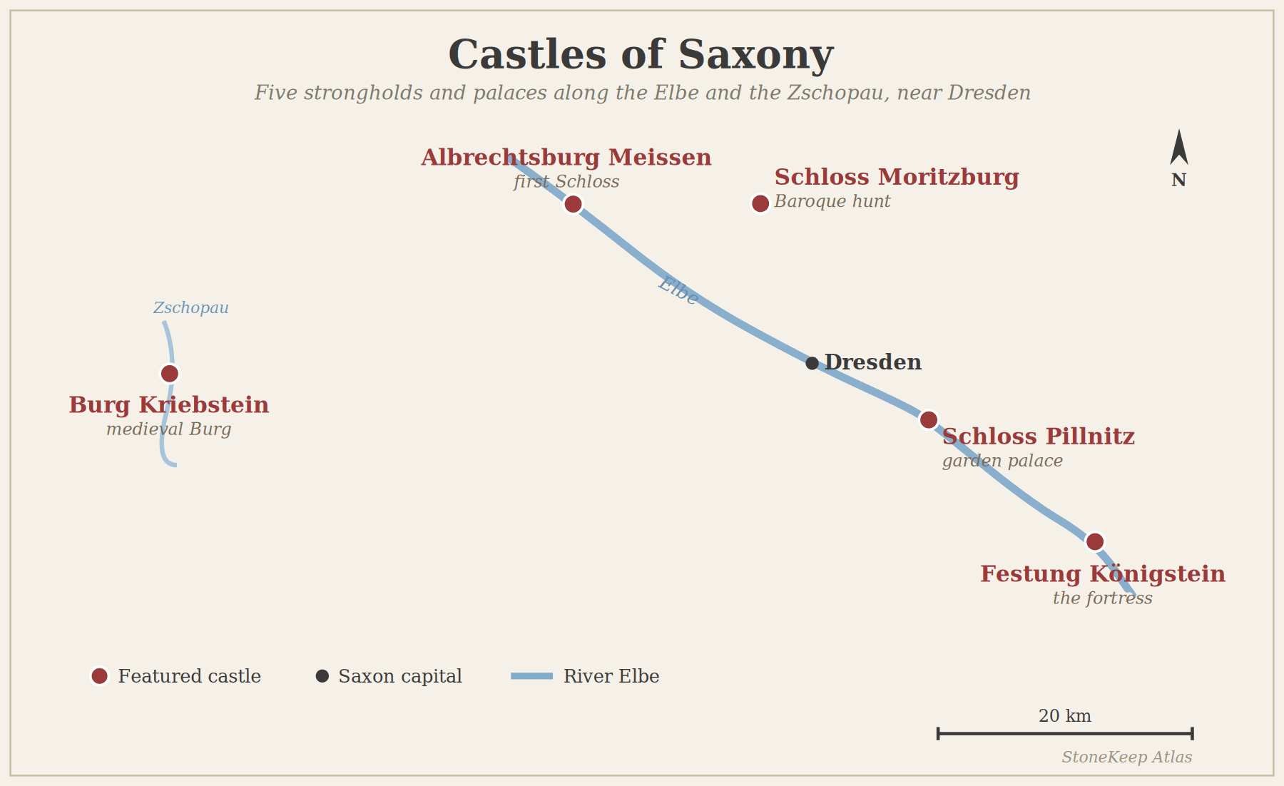 Castles of Saxony 2 Map of five Saxon castles along the Elbe near Dresden: Albrechtsburg Meissen, Moritzburg, Pillnitz, Königstein, and Kriebstein on the Zschopau.