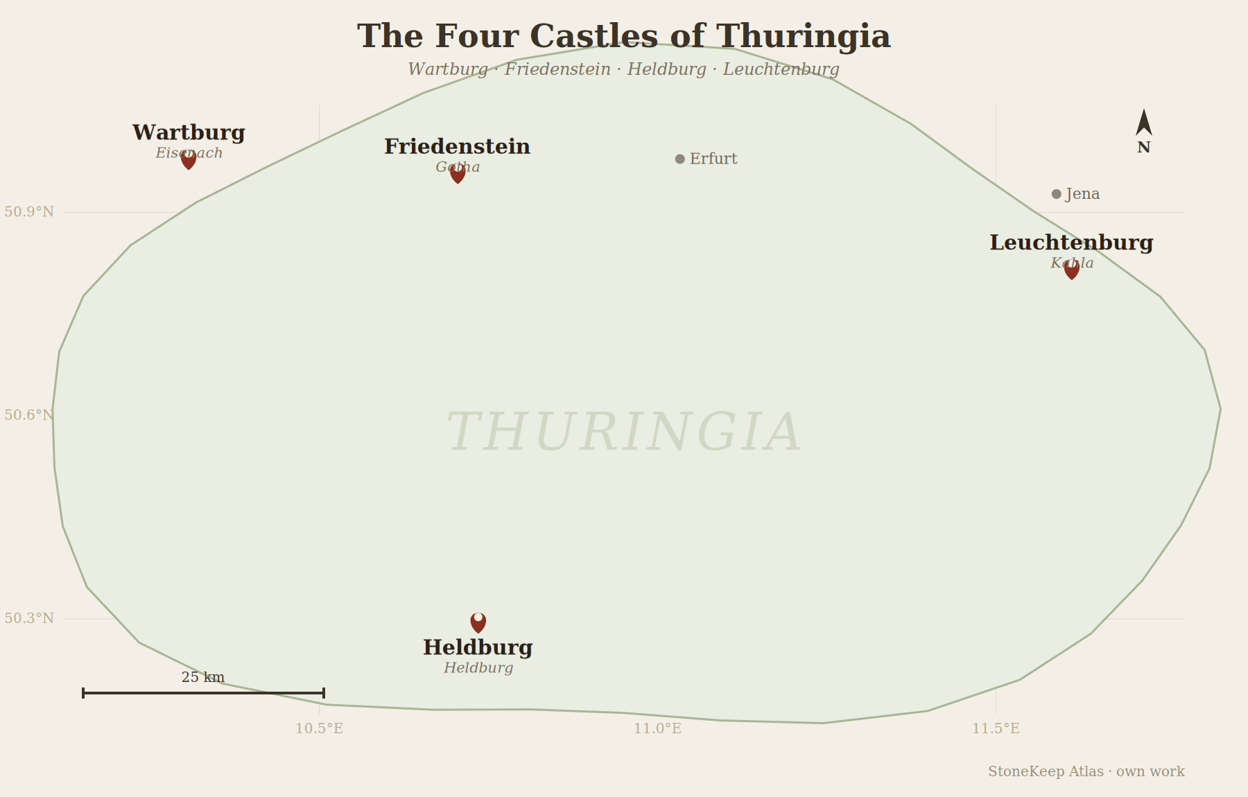 Castles of Thuringia: A Visitor's Guide 2 Schematic map of Thuringia showing the locations of Wartburg, Friedenstein, Heldburg, and Leuchtenburg