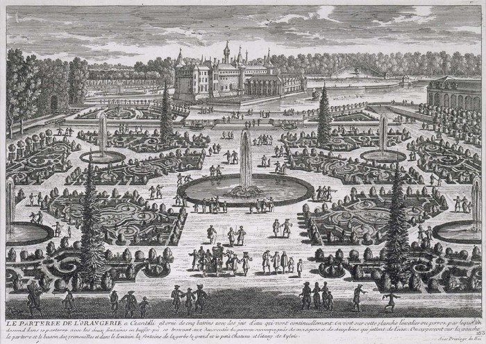 Orangerie parterre, Chantilly — Adam Pérelle, public domain Seventeenth-century engraving of the Orangerie parterre at Chantilly