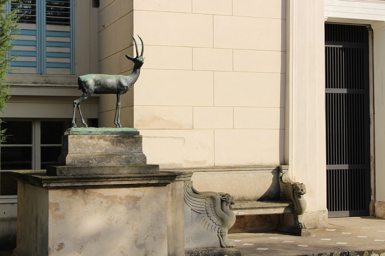 Charlottenhof Palace 3 Bronze gazelle sculpture beside Charlottenhof Palace