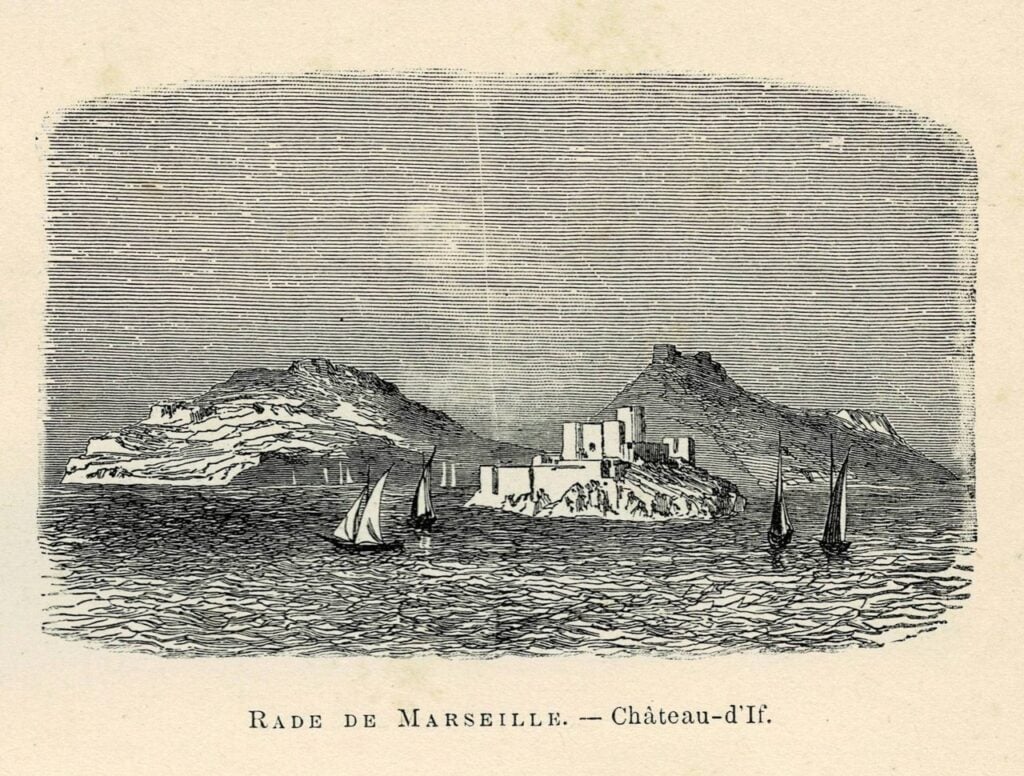 1893 engraving of Château d'If in the roadstead of Marseille.