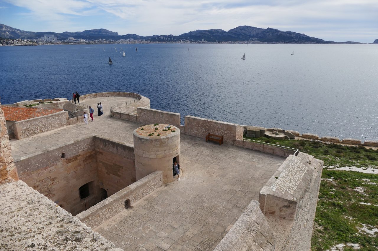 View over the Bay of Marseille and the city skyline from the ramparts of Château d'If.