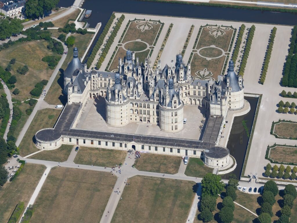 Château de Chambord 11 Aerial view of Chateau de Chambord from the southeast showing the keep and gardens