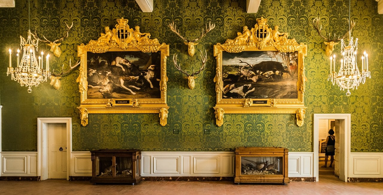 Château de Chambord 6 A hunting-trophy gallery with antlers and chase paintings inside Chateau de Chambord