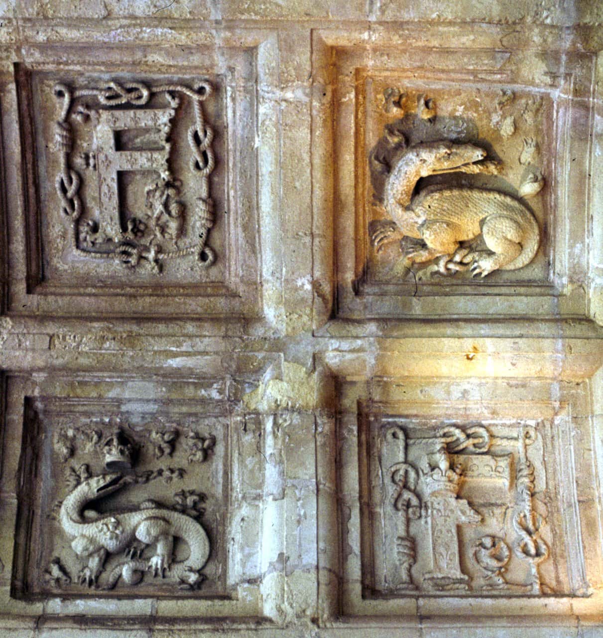 Château de Chambord 4 Carved vault panels showing the salamander and royal letter F of Francois I