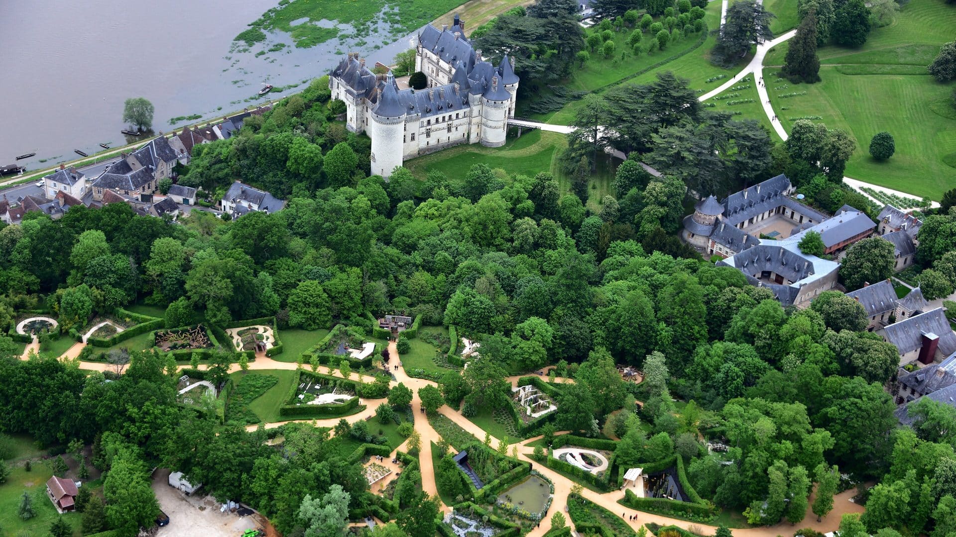 Château de Chaumont-sur-Loire 7 Aerial view of the Domaine de Chaumont-sur-Loire showing the château, park, gardens and stables