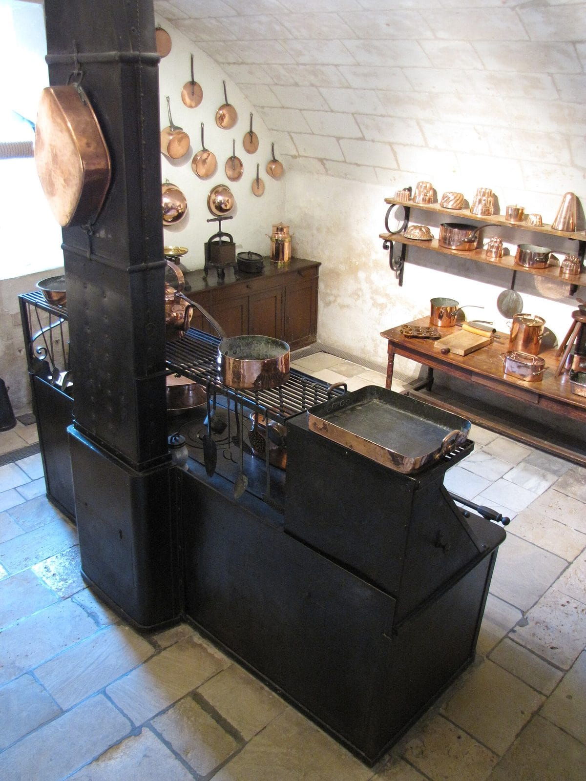 Copper batterie in the kitchens — Shadowgate, CC BY 2.0 Copper pans and moulds on the wall of the kitchens at Chateau de Chenonceau