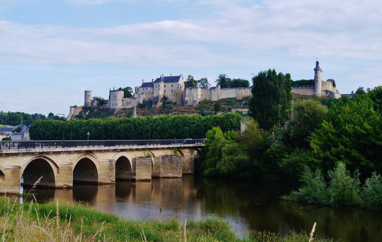 Château de Chinon 5 The fortress on its ridge with the road bridge over the Vienne in the foreground