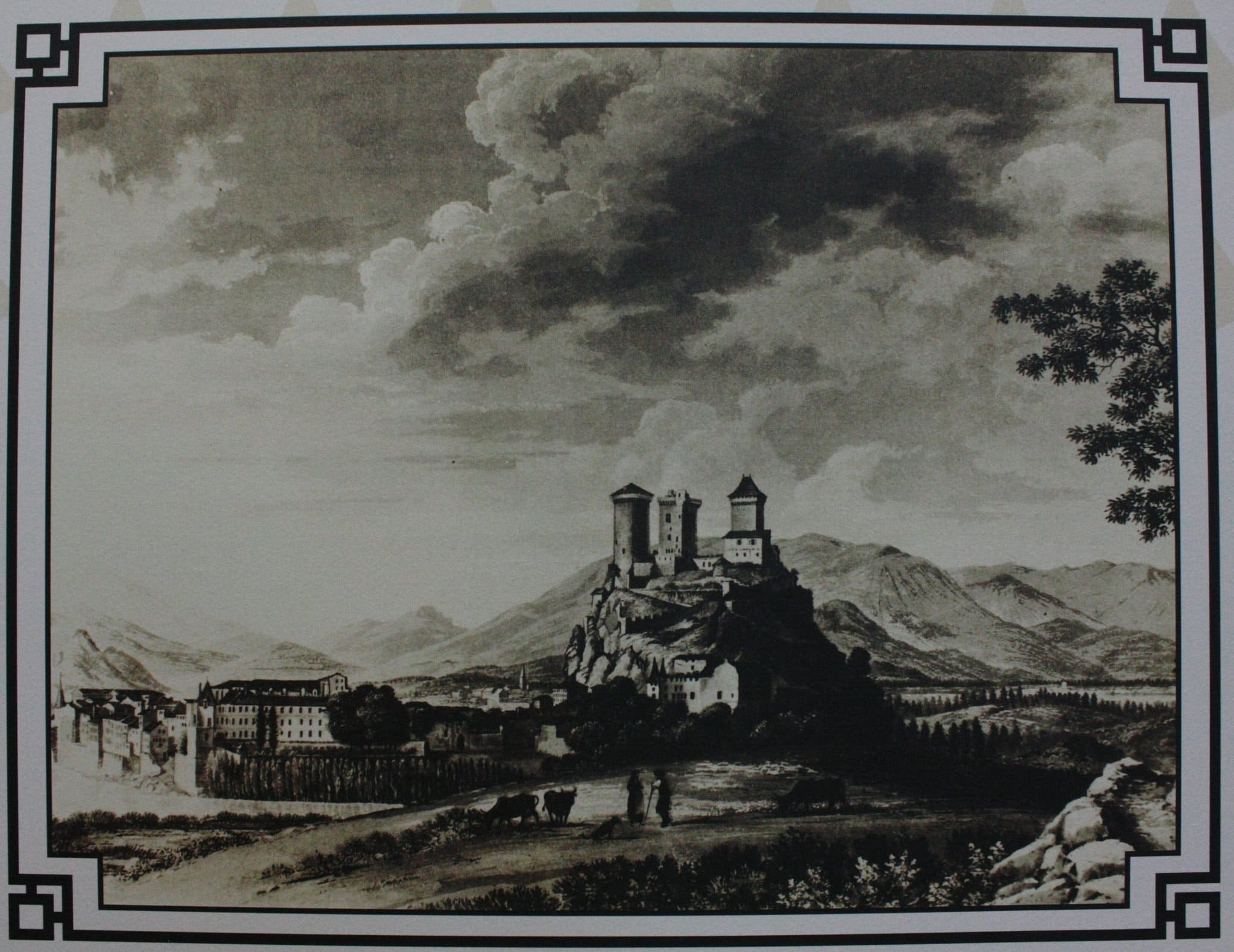 Château de Foix, engraving by Antoine Ignace Melling — Public domain Antoine Ignace Melling's 19th-century engraving of Château de Foix above the Ariège