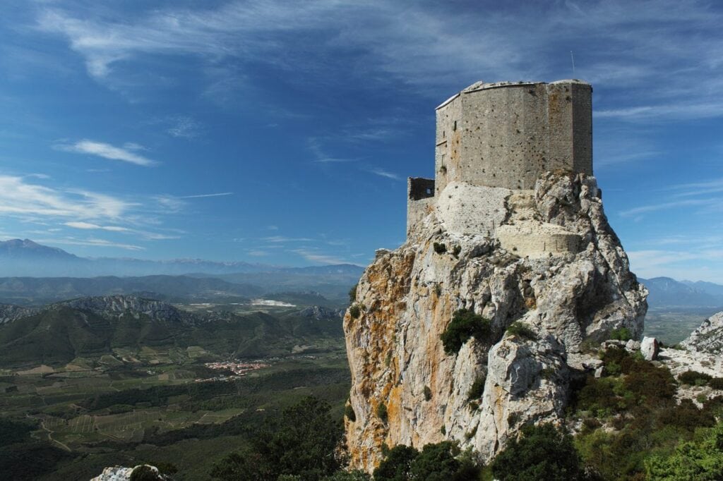 Château de Quéribus keep seen from the east above the valley