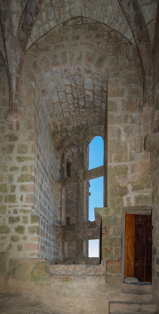 Tall window inside the keep of Château de Quéribus admitting daylight