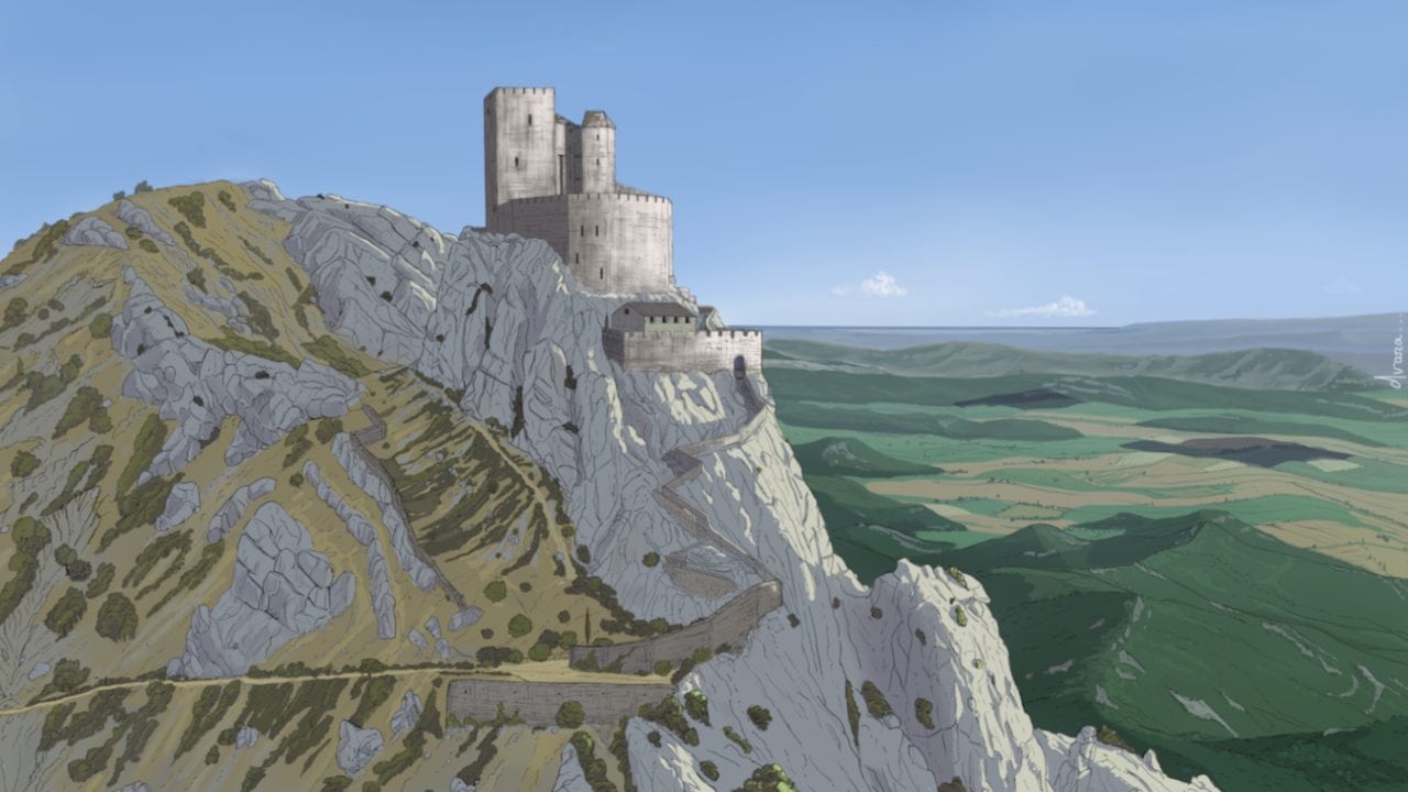 Artist's reconstruction of Château de Quéribus as a complete royal fortress, late 13th century