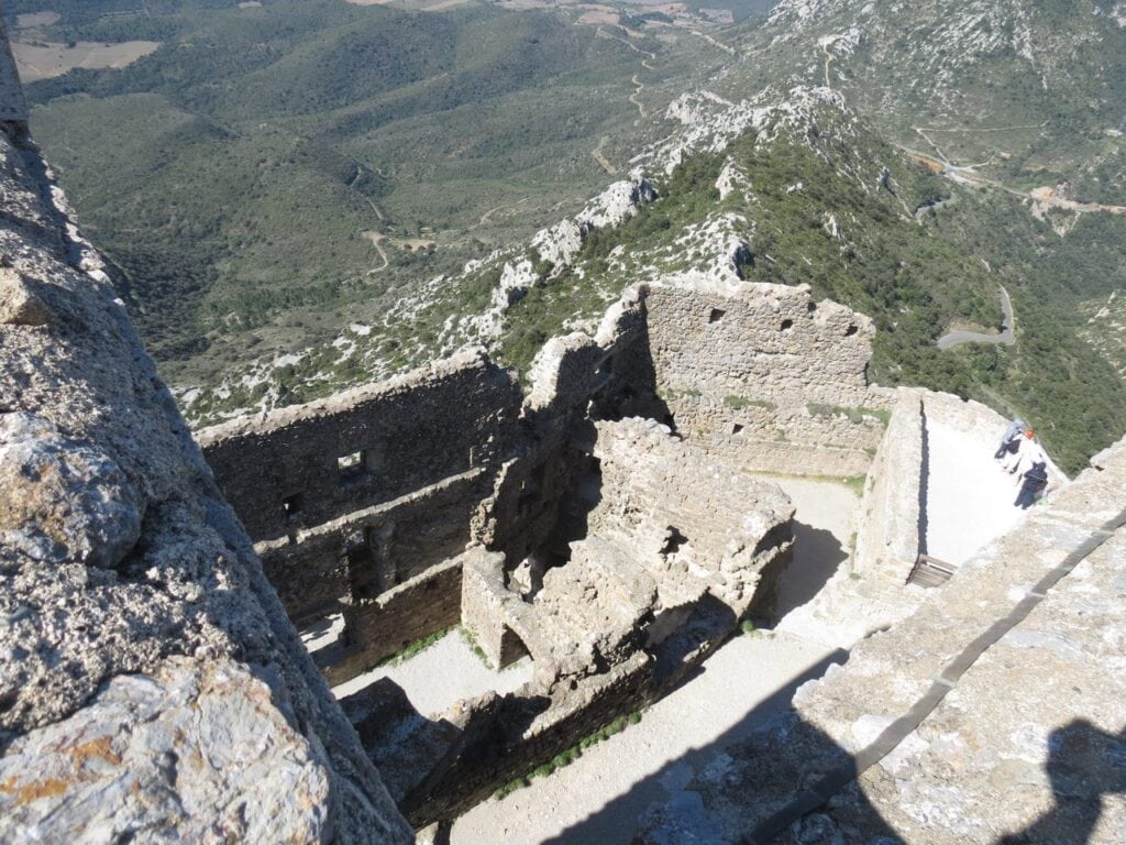 Looking down over the ruined enclosures of Château de Quéribus and the valley