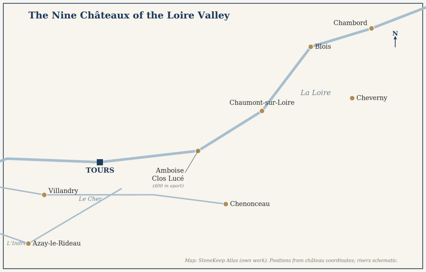 Châteaux of the Loire Valley: Nine Royal Houses 11 Locator map of the nine châteaux of the Loire Valley around Tours