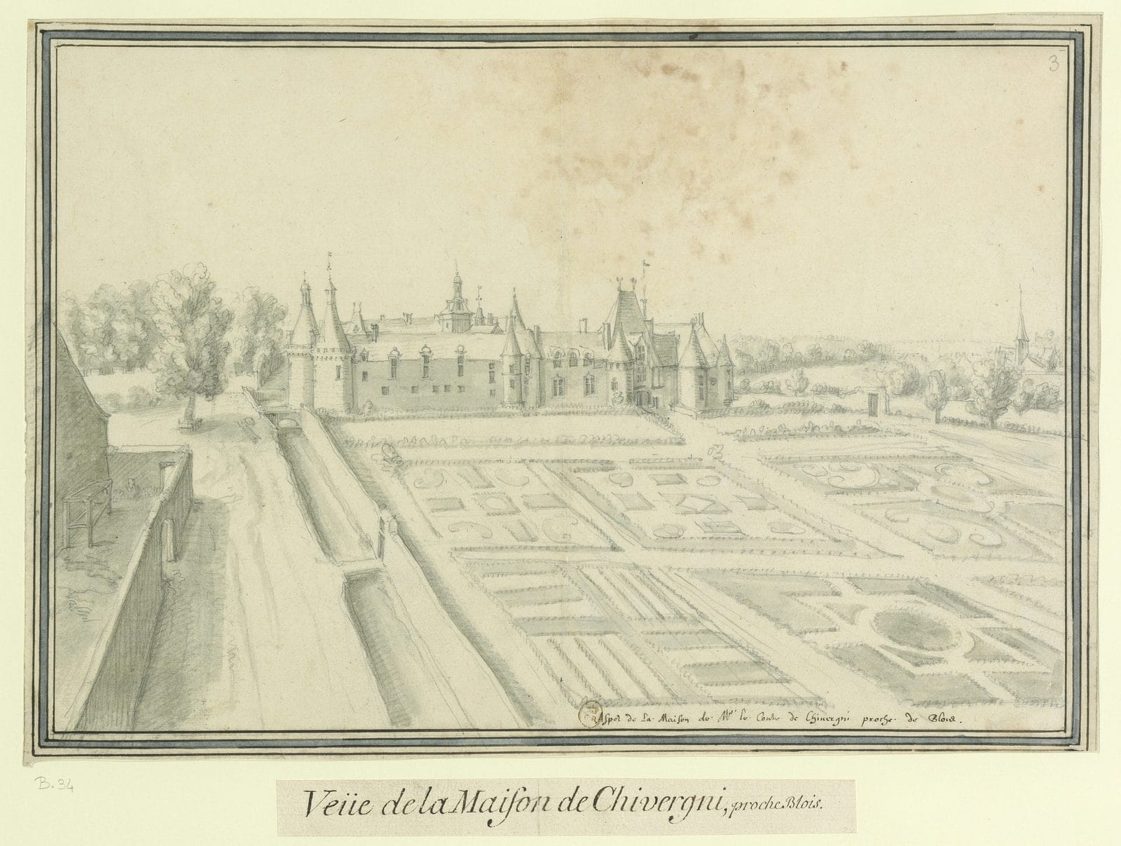 Château de Cheverny 2 Drawing of the old fortified château of Cheverny and its parterres by Étienne Martellange, circa 1624