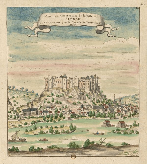 Château de Chinon 12 A 1699 watercolour view of the castle on its spur above the town and the Vienne