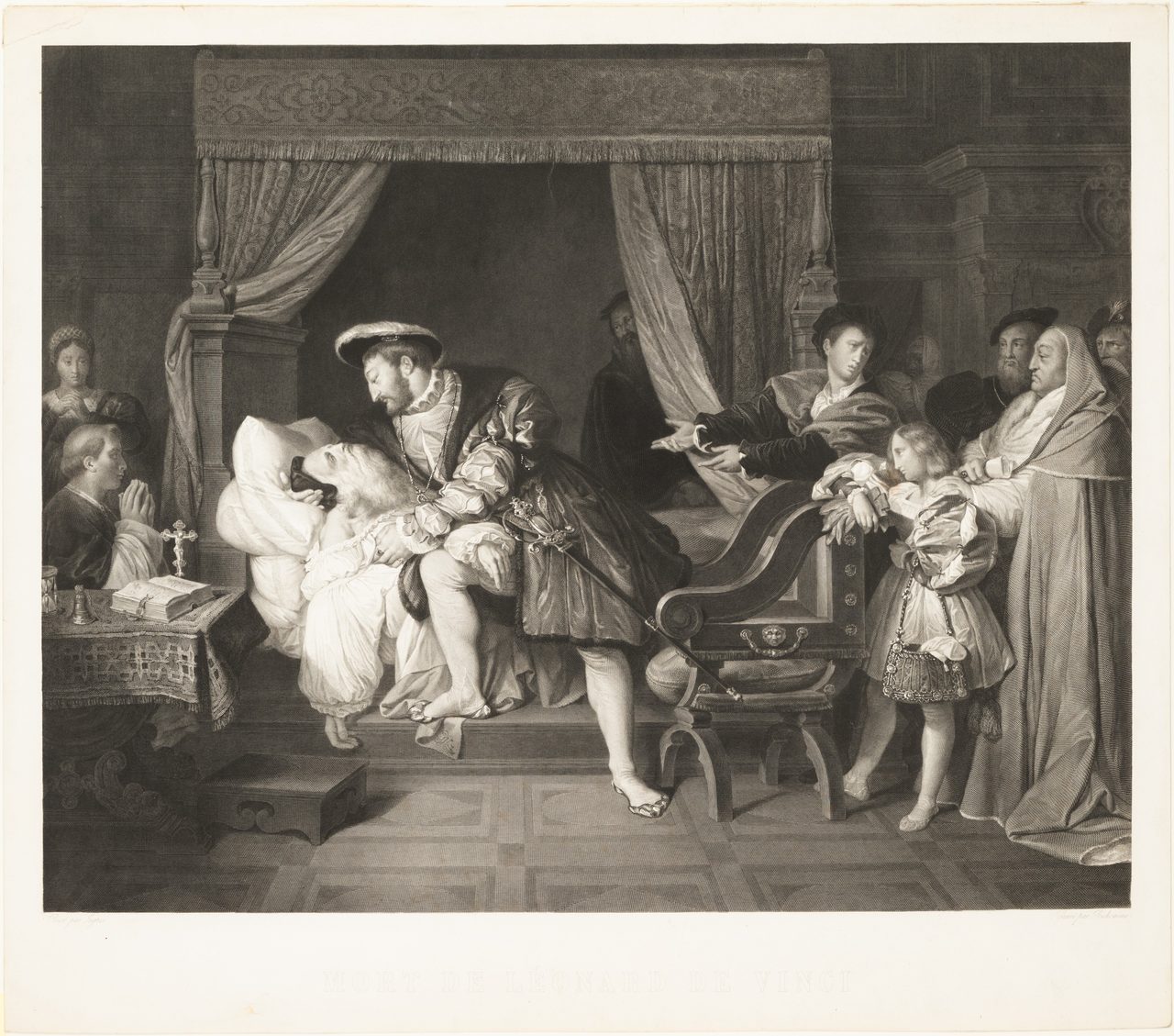 Château du Clos Lucé 9 Nineteenth-century engraving after Ingres showing François I cradling the dying Leonardo da Vinci