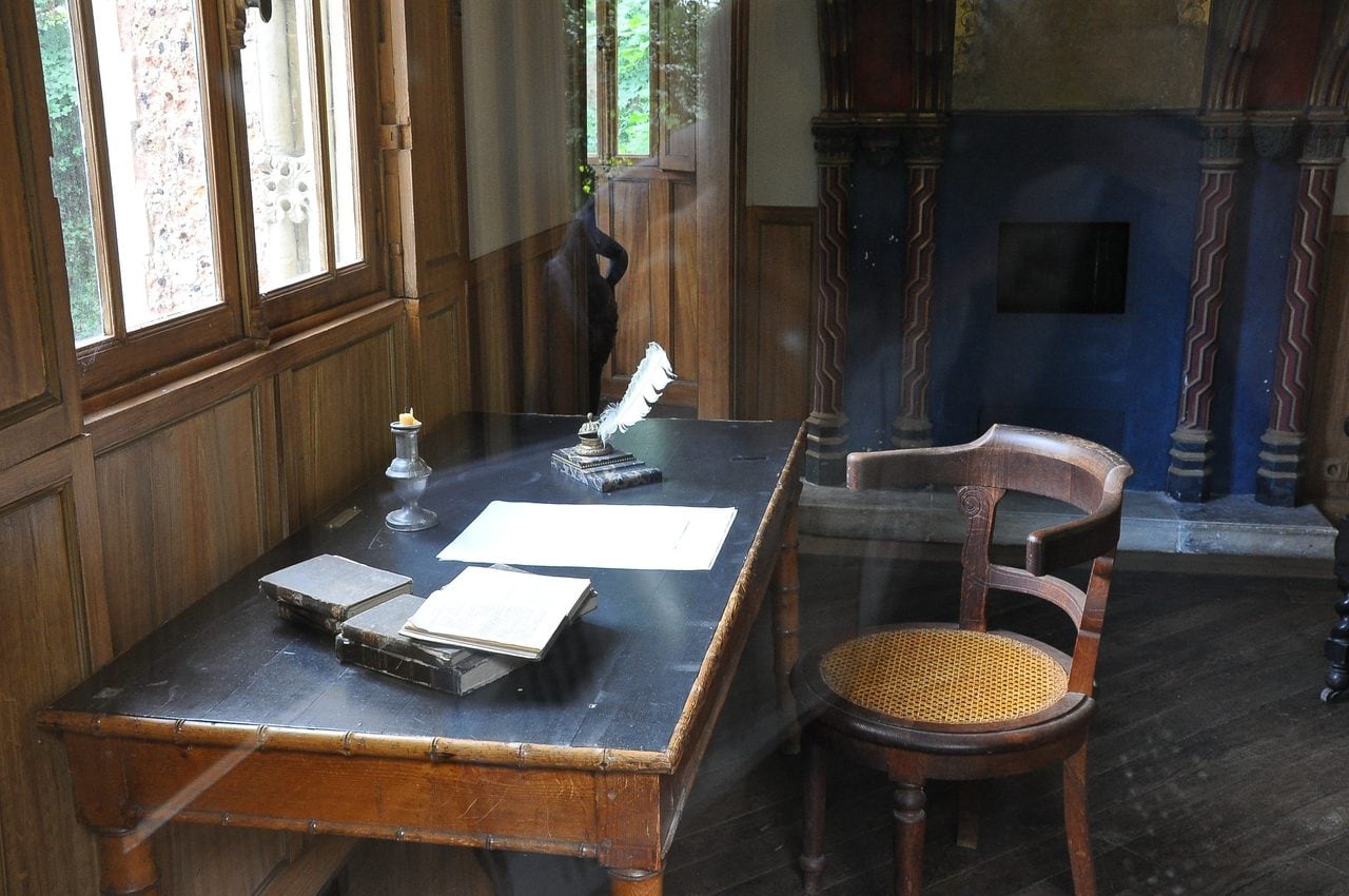 Writing desk with quill and papers inside Alexandre Dumas's Château d'If folly at Le Port-Marly.
