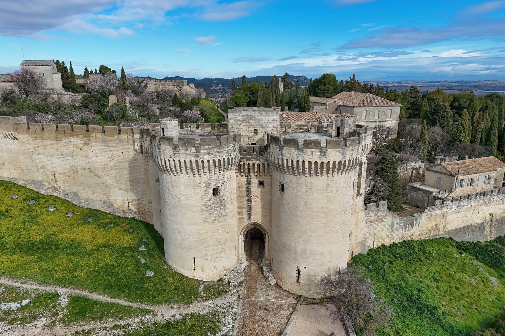 The twin cylindrical towers of the châtelet, the fortified gatehouse of Fort Saint-André.