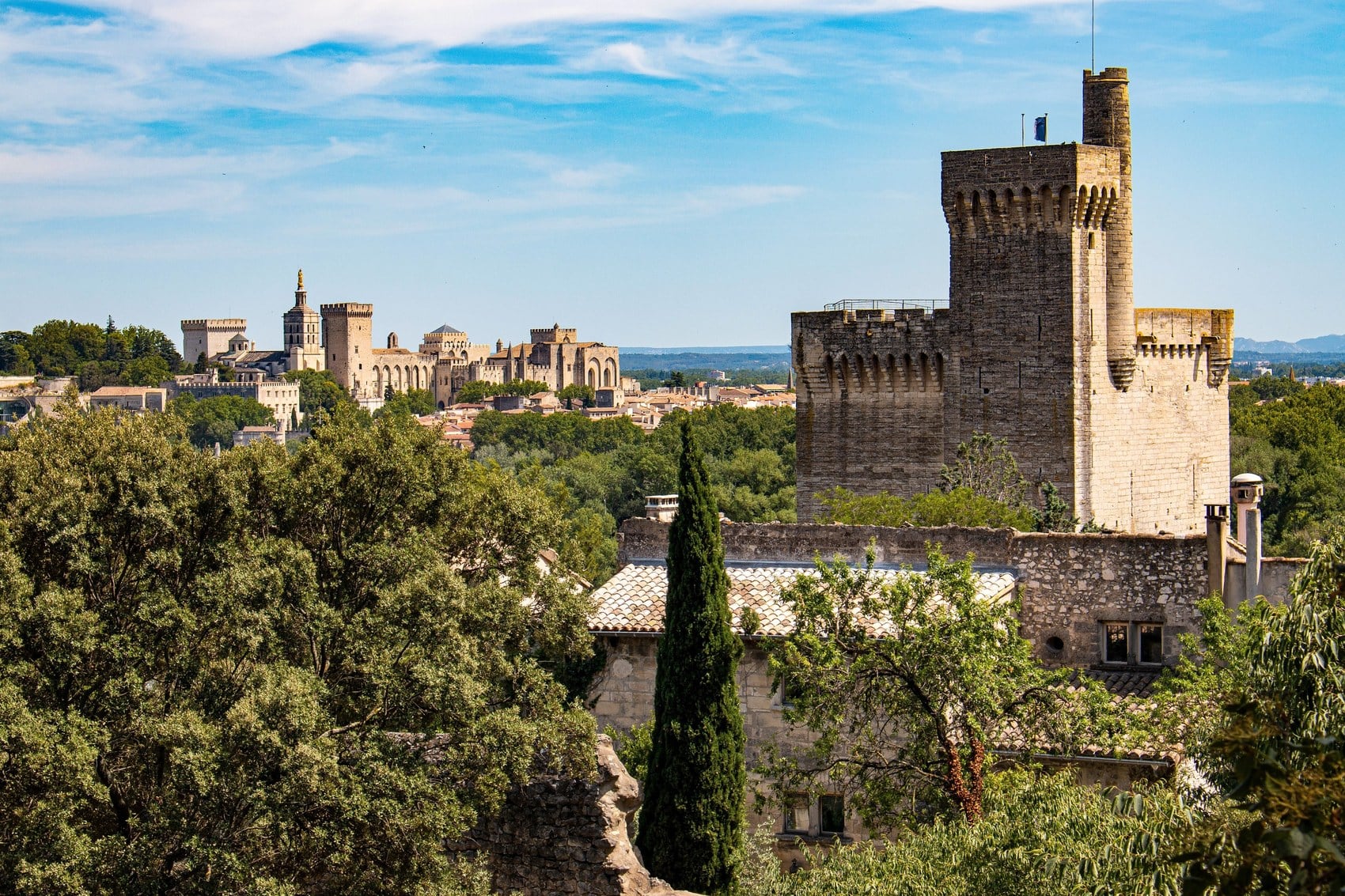 The Tour Philippe-le-Bel with the Palais des Papes on the Avignon skyline across the Rhône, seen from the royal right bank at Villeneuve-lès-Avignon.