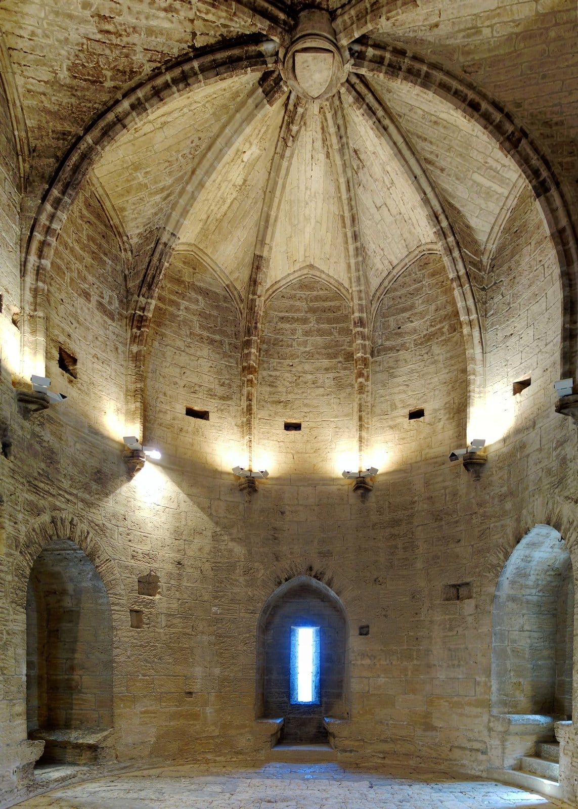 The rib-vaulted stone dome inside one of the twin towers of Fort Saint-André.