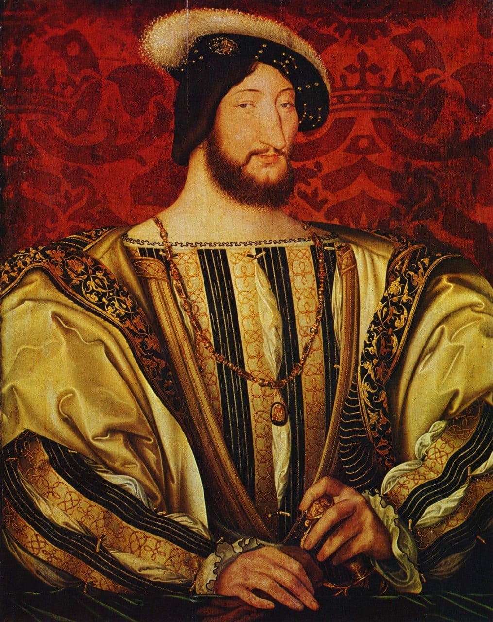 Leonardo in France: His Final Years on the Loire 4 Portrait of King Francois I of France in gold and black slashed sleeves against a red ground