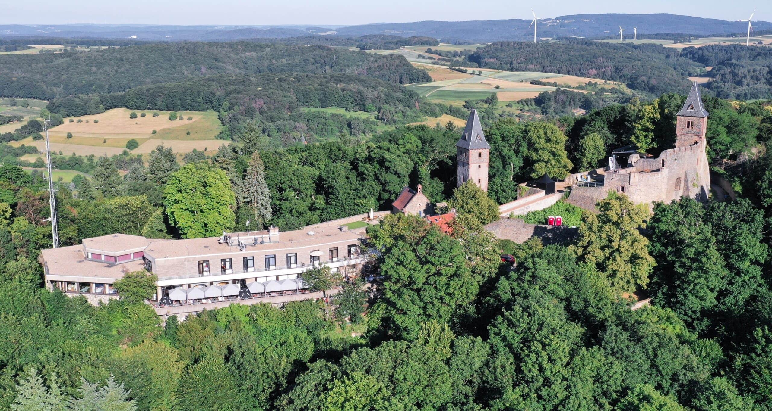 Frankenstein Castle 2 Aerial view of Frankenstein Castle on its wooded hilltop above the Rhine plain