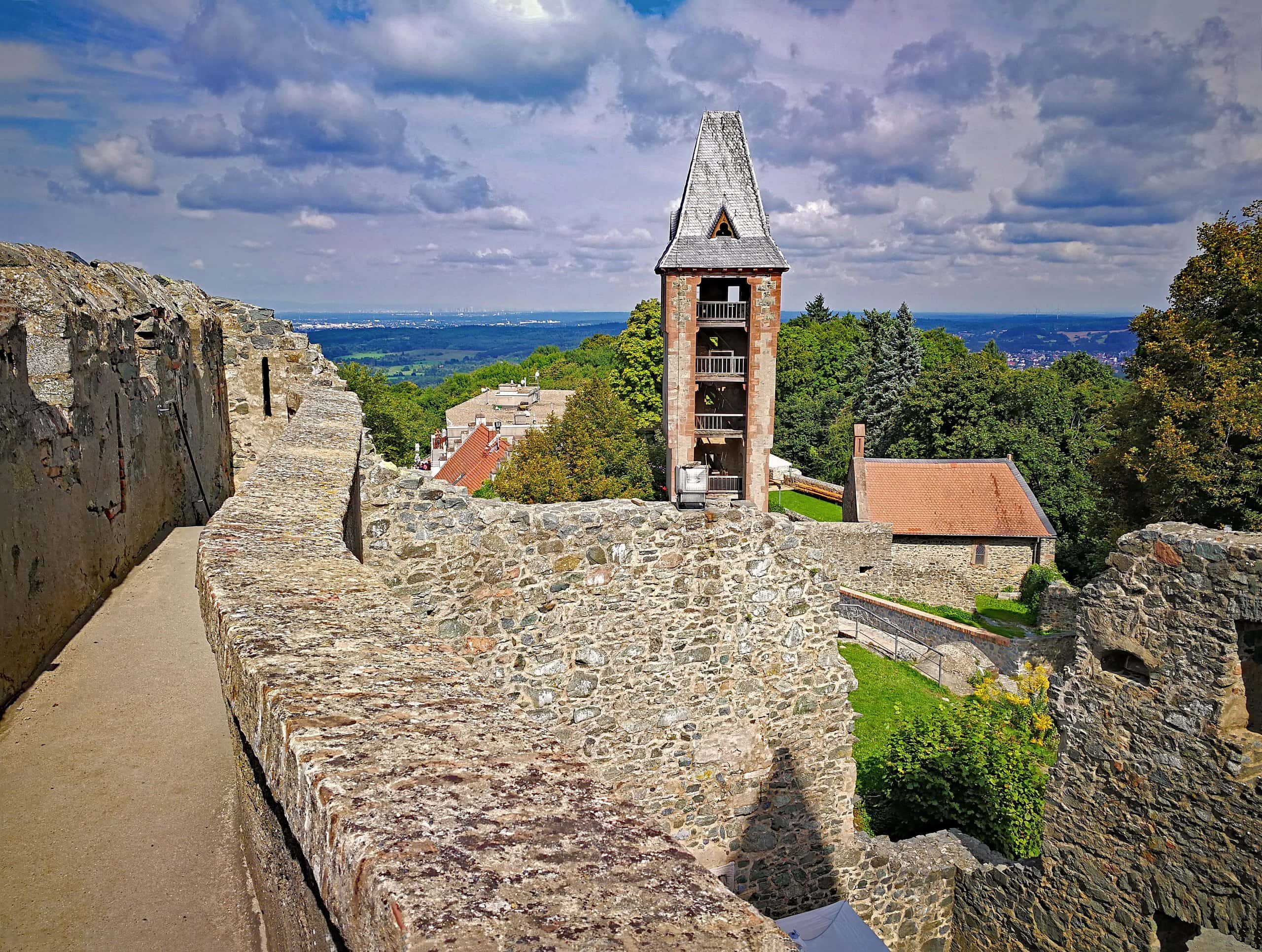 Frankenstein Castle 8 The wall-walk and tower with the Rhine plain beyond