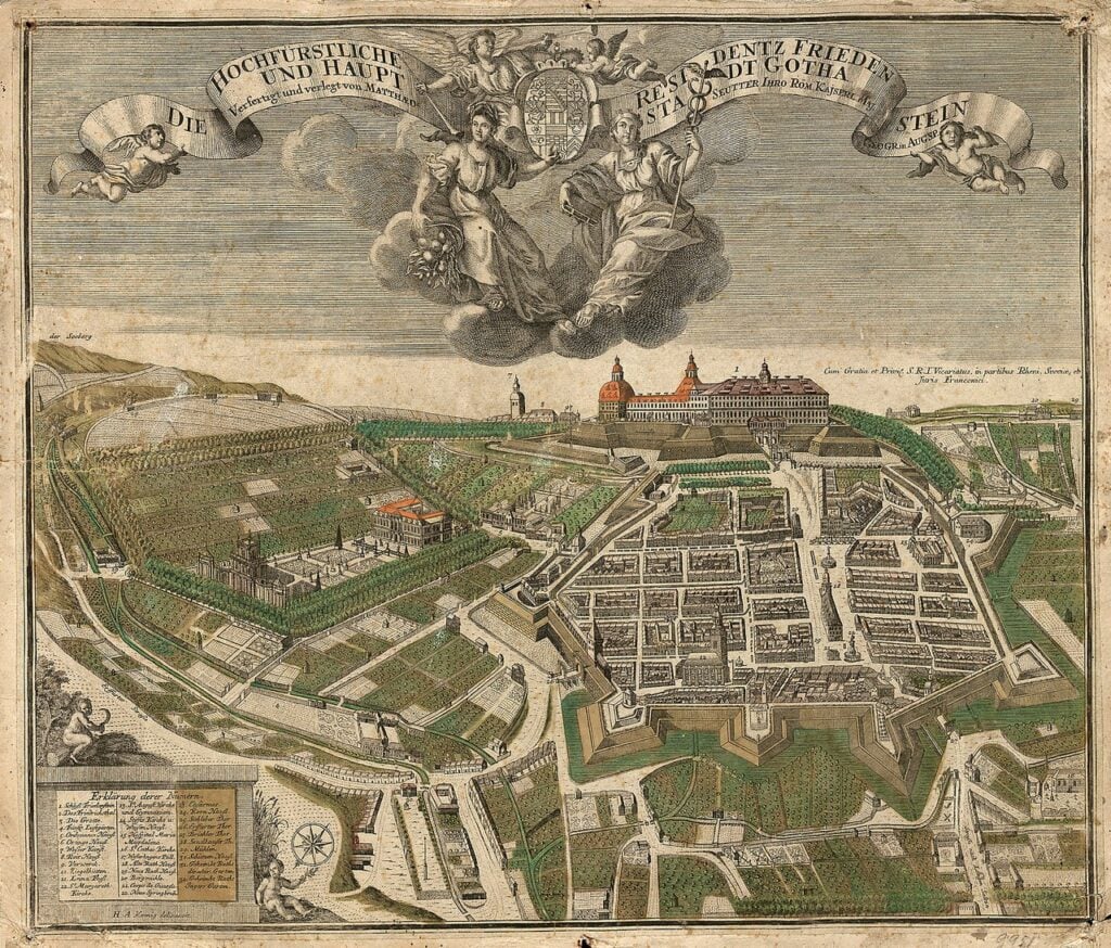 An 18th-century bird's-eye engraving of Friedenstein Palace and Gotha with its star fortifications